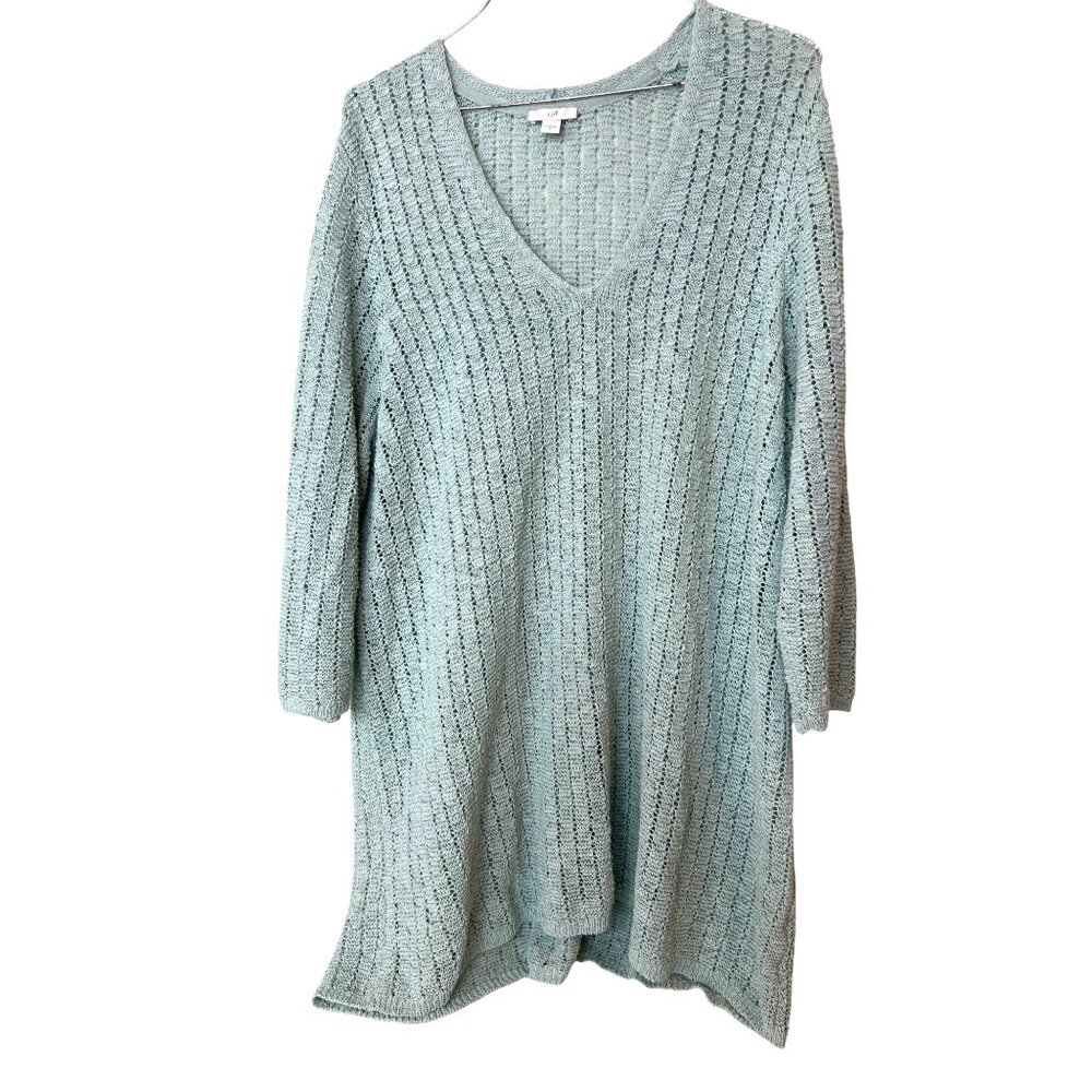 J Jill Sweater Womens XL Blue Open Knit V Neck Tunic 3/4 Sleeve Beach Coastal